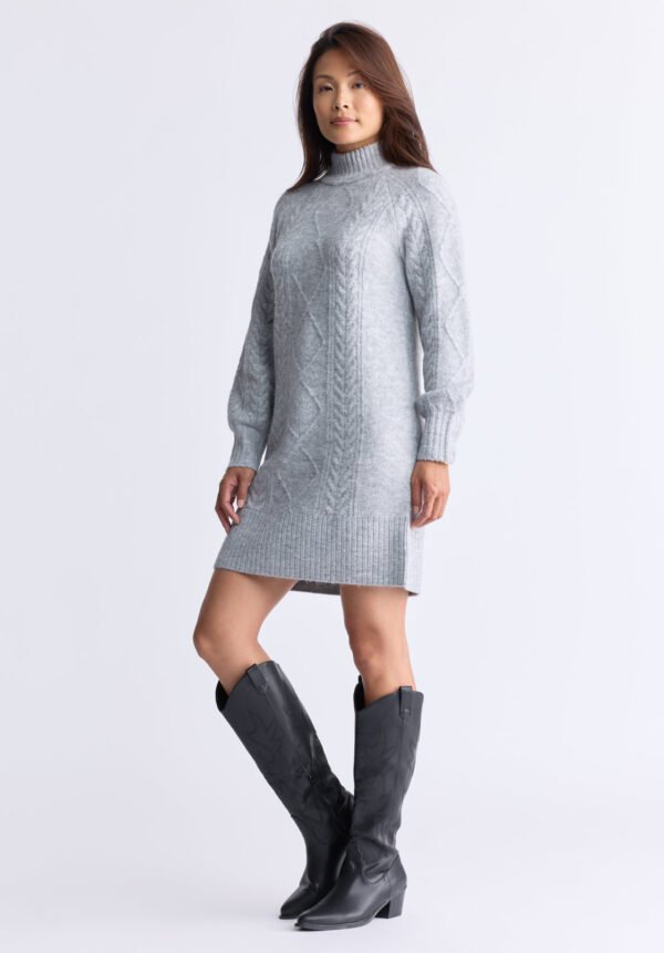 Levelle Women's Cable Knit Turtleneck Sweater Dress. Grey - SD0005H