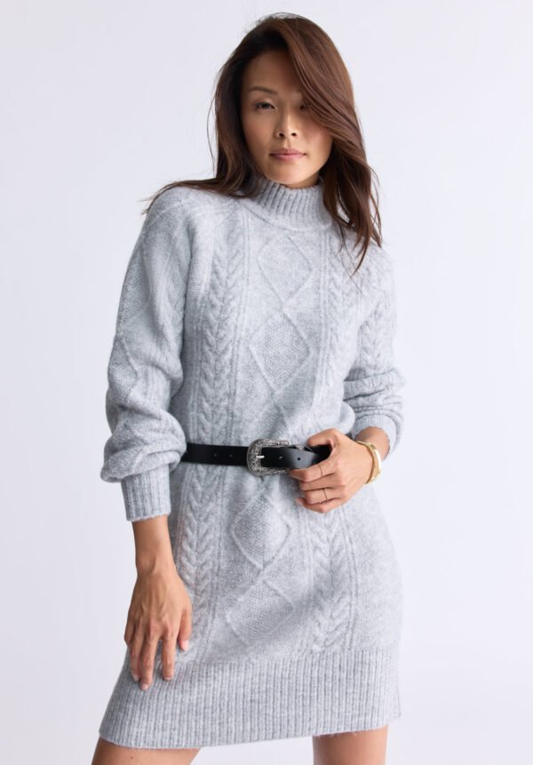 Levelle Women's Cable Knit Turtleneck Sweater Dress. Grey - SD0005H