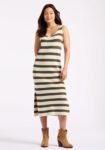 Orindella Women's Sleeveless Striped Knit Midi Dress. Beige & Olive - SD0010P