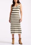 Orindella Women's Sleeveless Striped Knit Midi Dress. Beige & Olive - SD0010P