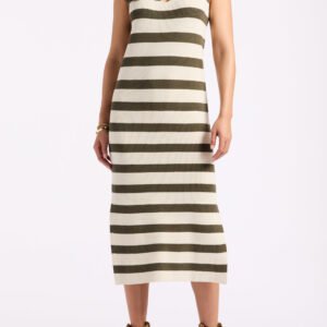 Orindella Women's Sleeveless Striped Knit Midi Dress. Beige & Olive - SD0010P