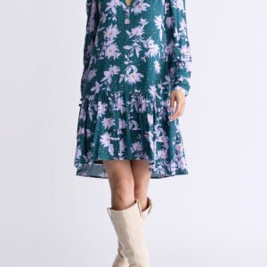 Dovie Women's Long-Sleeve Knee-Length Ruffle Dress. Green & Purple Floral - WD0057F