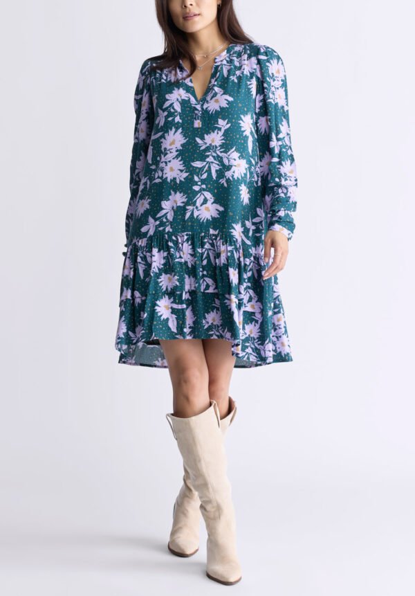 Dovie Women's Long-Sleeve Knee-Length Ruffle Dress. Green & Purple Floral - WD0057F