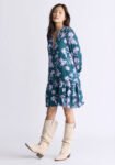 Dovie Women's Long-Sleeve Knee-Length Ruffle Dress. Green & Purple Floral - WD0057F