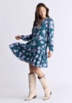 Dovie Women's Long-Sleeve Knee-Length Ruffle Dress. Green & Purple Floral - WD0057F