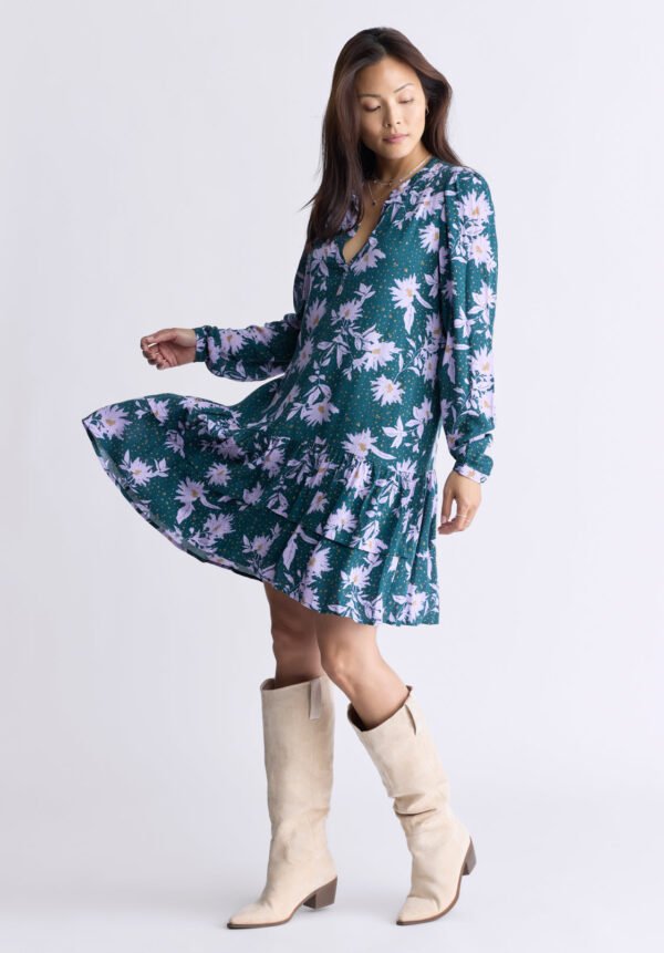 Dovie Women's Long-Sleeve Knee-Length Ruffle Dress. Green & Purple Floral - WD0057F