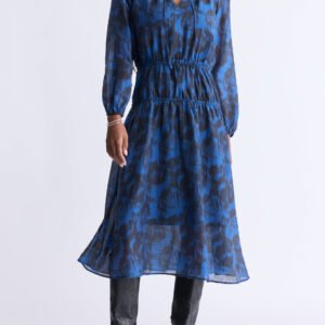 Virlen Women's Long Sleeve Tie-neck Printed Midi Dress. Navy - WD0062F