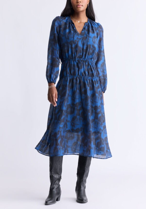 Virlen Women's Long Sleeve Tie-neck Printed Midi Dress. Navy - WD0062F