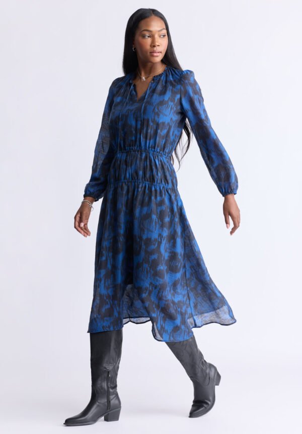 Virlen Women's Long Sleeve Tie-neck Printed Midi Dress. Navy - WD0062F