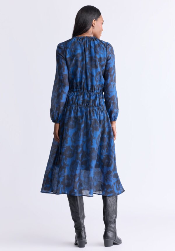 Virlen Women's Long Sleeve Tie-neck Printed Midi Dress. Navy - WD0062F