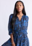 Virlen Women's Long Sleeve Tie-neck Printed Midi Dress. Navy - WD0062F