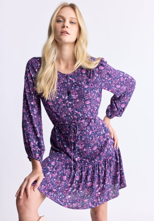 Rochelle Women's Floral Print Long-Sleeve Dress. Purple - WD0064H