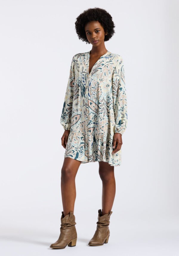 Darya Women's Boho-Print Long-Sleeve Mini Dress with Button Front and Tiered Hem. Paisley - WD0089P