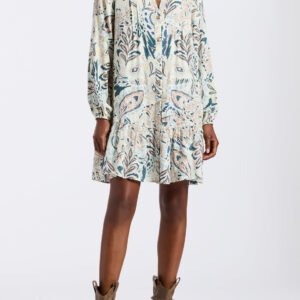 Darya Women's Boho-Print Long-Sleeve Mini Dress with Button Front and Tiered Hem. Paisley - WD0089P